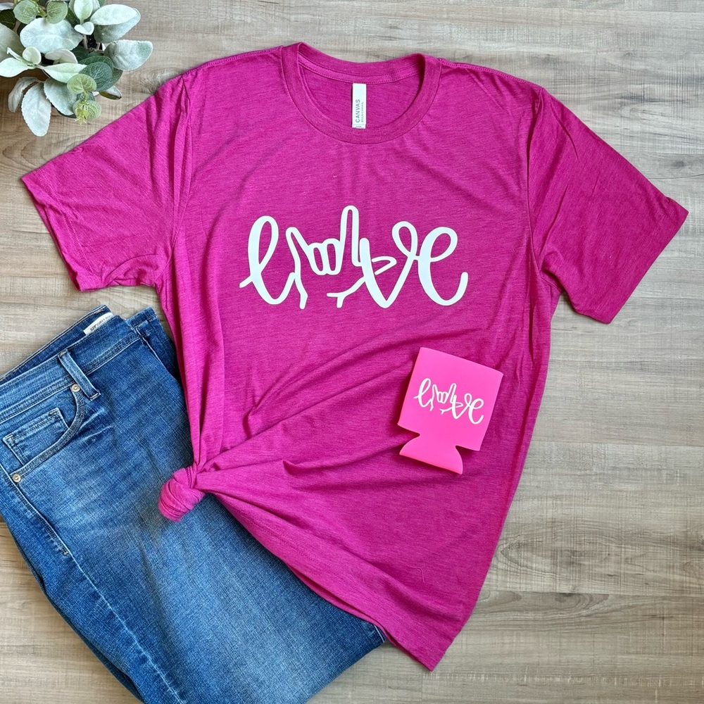 Berry Tri-Blend Tee & Can Cooler Love ILY Sign Language Design